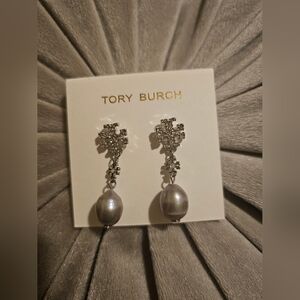 Tory Burch Silver Crystal Logo Drop Earrings with Gray Fresh Water Pearl Drops
